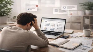 affiliate marketing for beginners concept illustration showing stressed man