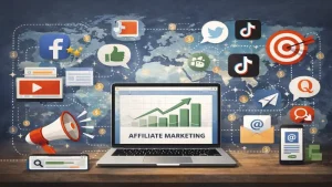 Different free traffic sources for affiliate marketing shown around a laptop