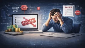 Frustrated beginner affiliate marketer looking at a failed sales dashboard with declining charts.